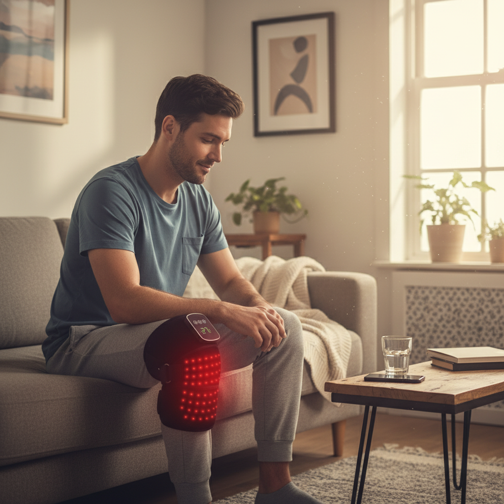 Man using a massage device in a cozy living room